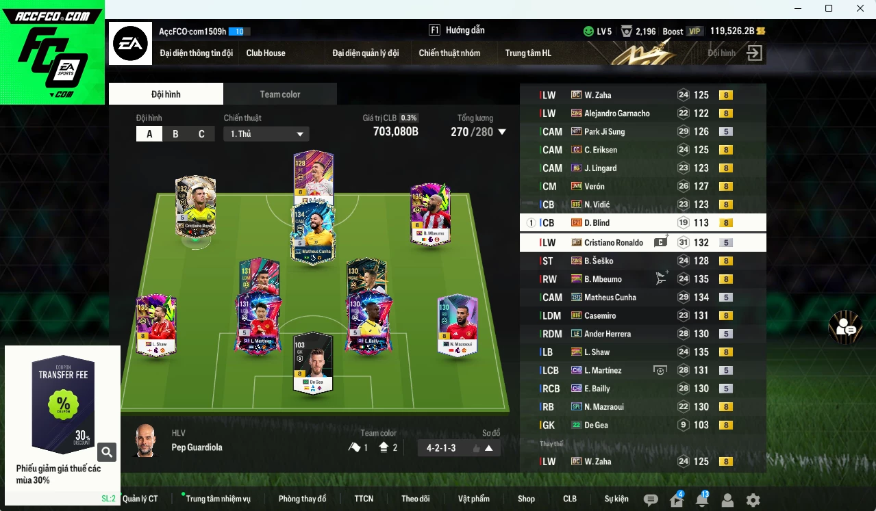 [ACC Rẻ🔥] Man Utd. 703.080b dư 119.000b có CR7 BLD, Matheus Cunha 25TS, Shaw 23HW, Sesko 21NG, Mbeumo 23HW, Casemiro BTB, Verón JNM, L. Martínez CH, Marzaoui SPL, Park No.7, Bailly CH...
